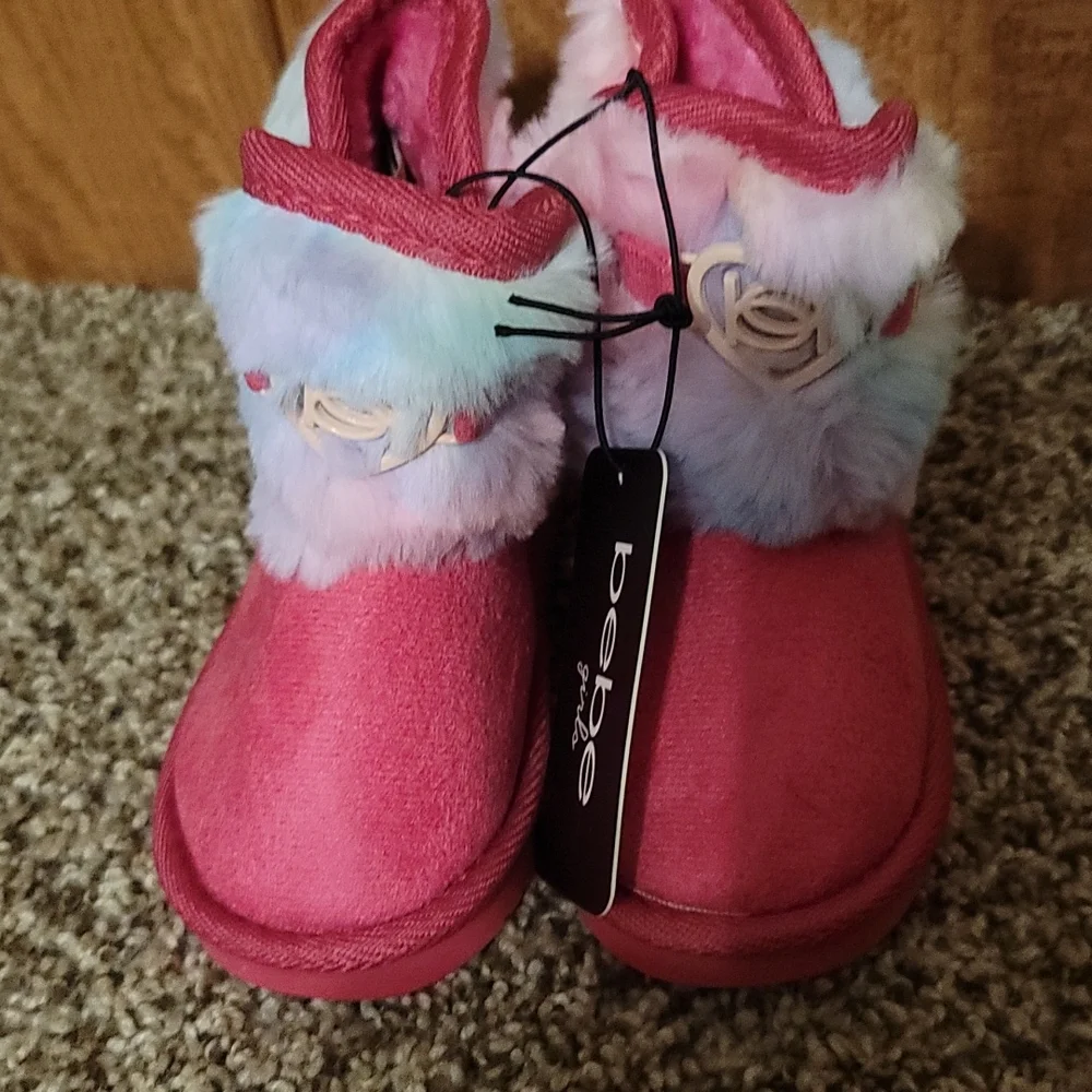 BEBE GIRLS DARK PINK Rainbow faux fur BOOTS: NWT: TODDLER 6